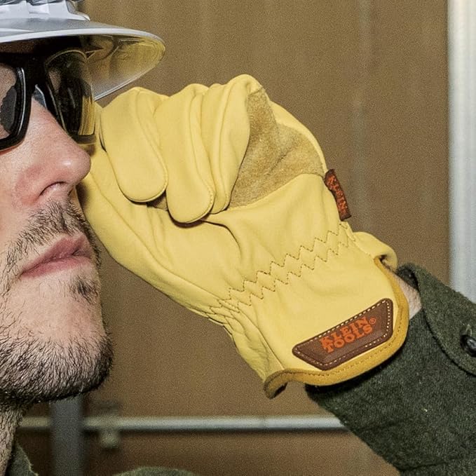 Klein Tools 60604 Work Gloves, Premium Cowhide Leather Gloves, Abrasion-Resistant Split Leather Palm Patch, Large