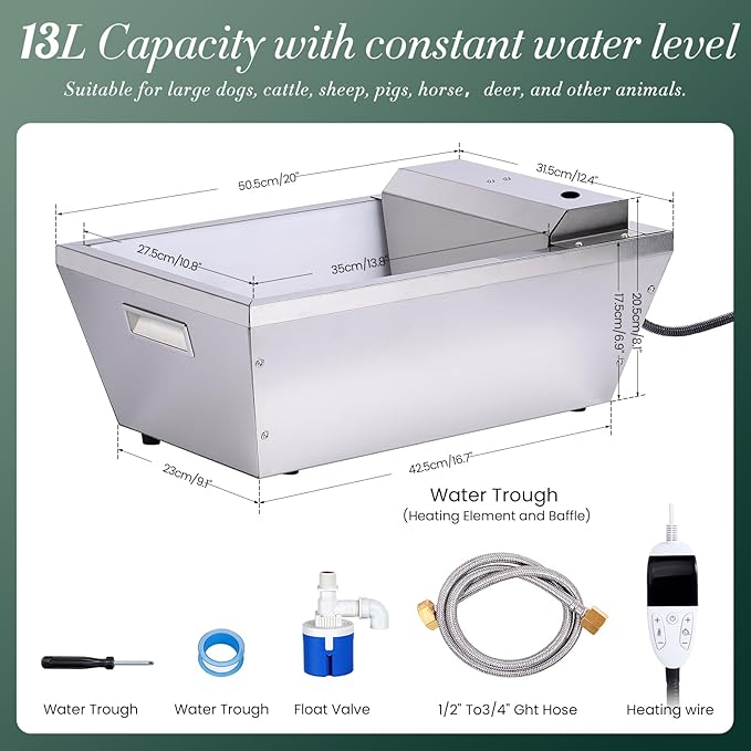 Heated Automatic Livestock Water Trough Heated Dog Water Bowl Outdoor Thermal Water Trough Auto Waterer for Large Dogs Horse Cattle Goat Sheep Pig, Adjustable Temperature & Timer