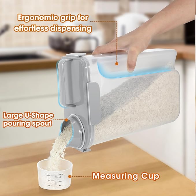 5-7 Lbs Dog Cat Food Storage Container, Portable Travel Pet Food Storage Container with Measuring Cup, Easy-Pouring Bird Seed Dispenser, Airtight Rice Cereal Oatmeal Flour Dispenser -Light Grey