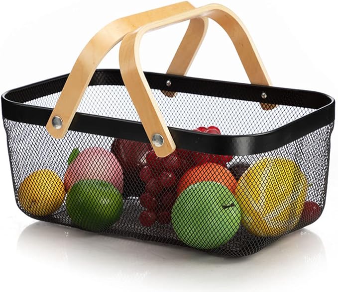 IBWell Square Metal Wire Woven Fruit Storage Bowl Basket with Wooden Handle, Large Black Mesh Fruit Stand, Multi-function Hanging Kitchen Baskets (Black, Extended)