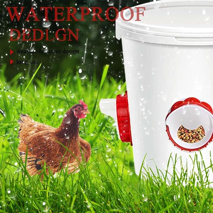 DWYIZMOT Chicken Feeder No Waste, Rain-Proof Poultry Automatic Feeder with Lid Gravity Feeding Kit 4 Ports -1 Holes Saw Buckets, Buckets, Boxes and Slots
