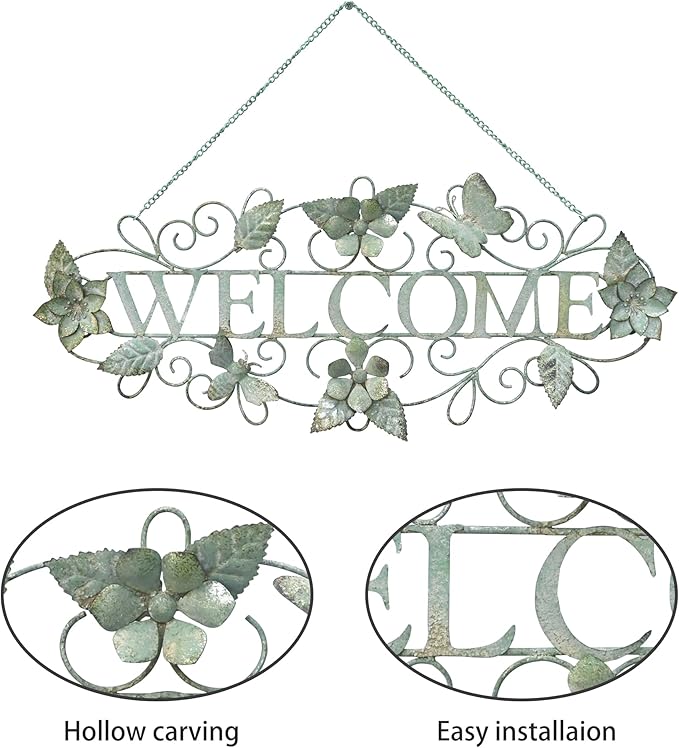 Queltharion Metal Welcome Wall Decor Rustic Farmhouse Distressed Flower and Butterfly Welcome Sign Hanging Decorative for Garden Porch Patio Yard Outdoor 23.5" L Green