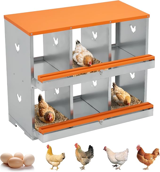 Chicken Nesting Box, 6 Compartments Two-Tier Galvanized Steel Egg Laying Box with Large Vented Holes, Wall Mountable Nesting Box for Easy Egg Collection, Orange