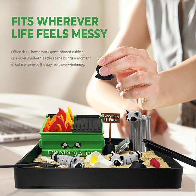 Dumpster Fire Zen Garden for Desk, Funny Mini Desktop Zen Sand Garden Kit, Funny Office Desk Accessory Stress Relief Gifts for Coworkers, Bosses, Friends, Birthday