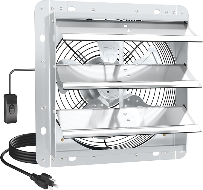 10 Inch Shutter Exhaust Fan, High-Speed 1400CFM Low Noise Attic Fan, Automatic Shutter, Ventilation and Cooling Vent Fan for Greenhouses, Garages, Shop, Chicken Coops, Gable, Shed
