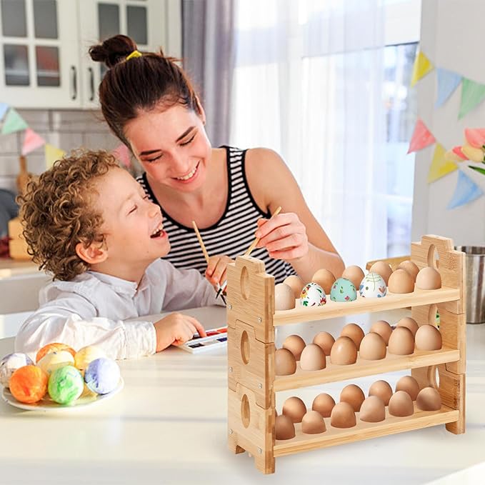 Space-Saving Bamboo Egg Rack - 3-Tier 12-Egg Capacity with Screwdriver, Stackable Countertop Organizer for Fresh Eggs