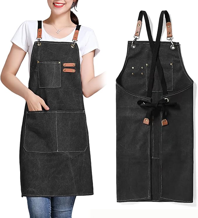 Unisex Aprons with Large Pockets,Cotton Canvas Cross Back Heavy Duty Adjustable Work Apron,Size Kids to Adult