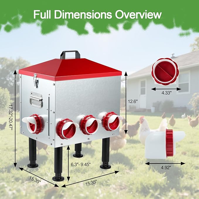 Large Automatic Chicken Feeder, 55LBS Chicken Feed Dispenser with Lid, 8 Feeding Ports, Adjustable Legs, Rodent Free, Waterproof Outdoor Metal Poultry Feeder