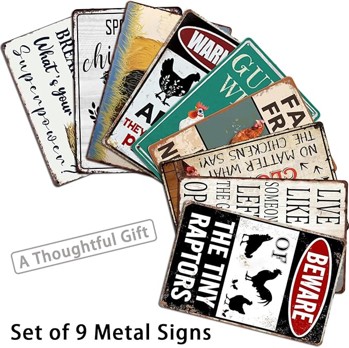 Funny Chicken Coop Signs Outdoor Decor - Personalized Metal Farm Signs for Outdoors, Vintage Chickens Tin Sign 8x12 Inches (9-Pack) - Chicken Gifts for Chicken Lovers, Farmhouse Yard Fence & Garden Wall Decor