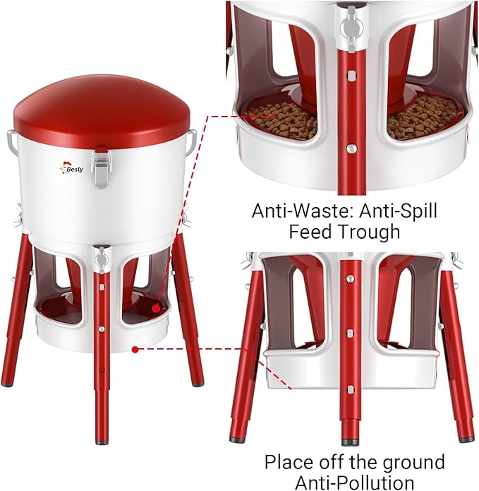 Chick Feeder with Adjustable Height,No Spill,Metal Poultry Feeder for Chicks 0-8 Weeks,30oz/2L Capacity,Tripod Stable Ground Feeder,3 Anti-Bully Ports,Easy Clean,Tool-Free Assembly