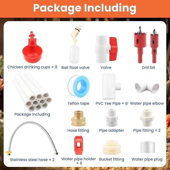58 Pcs Automatic Chicken Waterer System with 8 Water Cups & 2 Garden Hose &1/2" PVC Pipe & Float Valve & Hose Connector Kit for Chicken coops,Geese,Ducks,Compatible with Water Tanks,1/2"&3/4" Hose