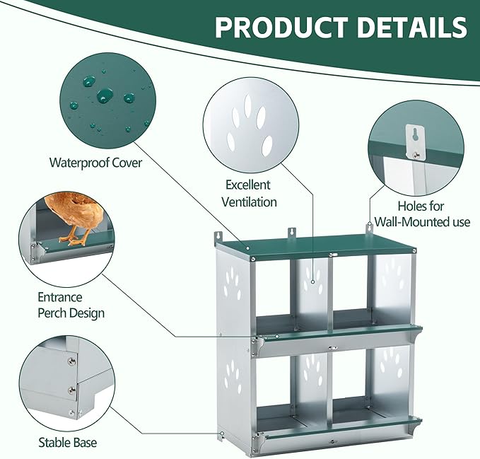 Metal Nesting Boxes for Chickens, Multiple Compartment Chicken Nesting Box for Laying Eggs, Durable Galvanized Steel Hen Nesting Box, Wall-Mounted Poultry Nesting House (4-Hole)