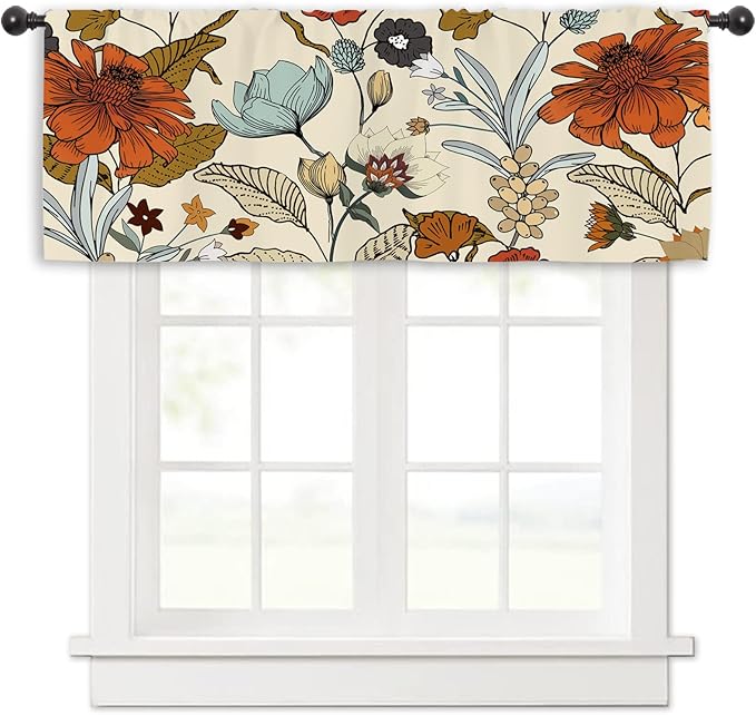 Miyotaa Vintage Flower Kitchen Curtain Valance 54W x 18H Rod Pocket Retro Burnt Orange Blossom Botanical Autumn Fall Window Treatment for Living Room Bedroom Bathroom