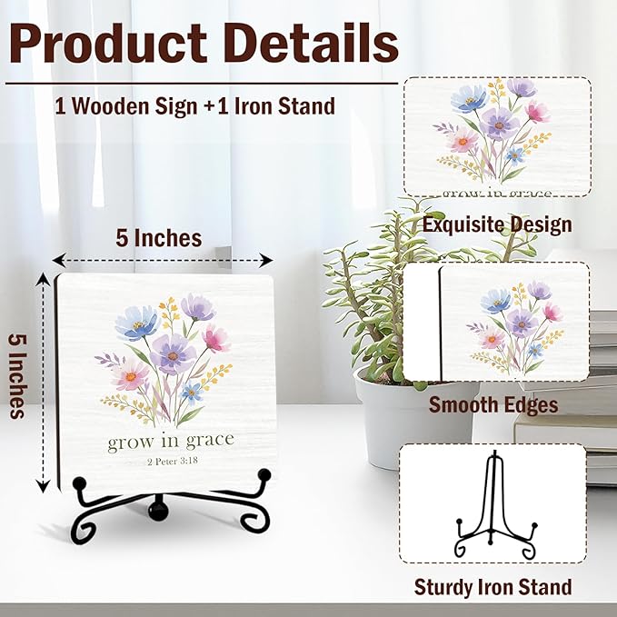 Religious Gifts for Women, 5 Inch Wildflower Bible Verse Decor, Inspirational Wooden Plaques for Home Office Sign, Grow In Grace Sign - A13