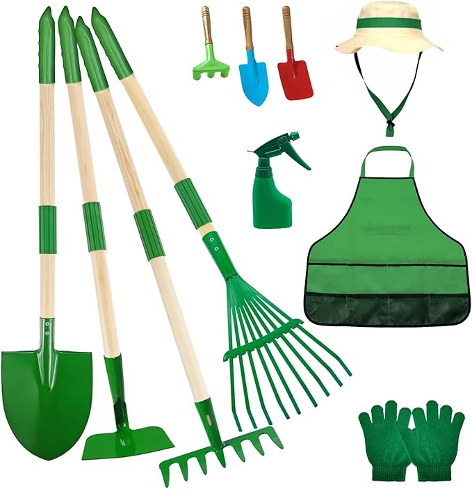 Kids Gardening Tools Set,11Pcs Garden Set for Kids with Shovel, Rake, Leaf Rake,Summer Outdoor Backyard Farm Digging Weed Toys Beach, Sand, Garden Play Set Birthday Gift for Boys Girls