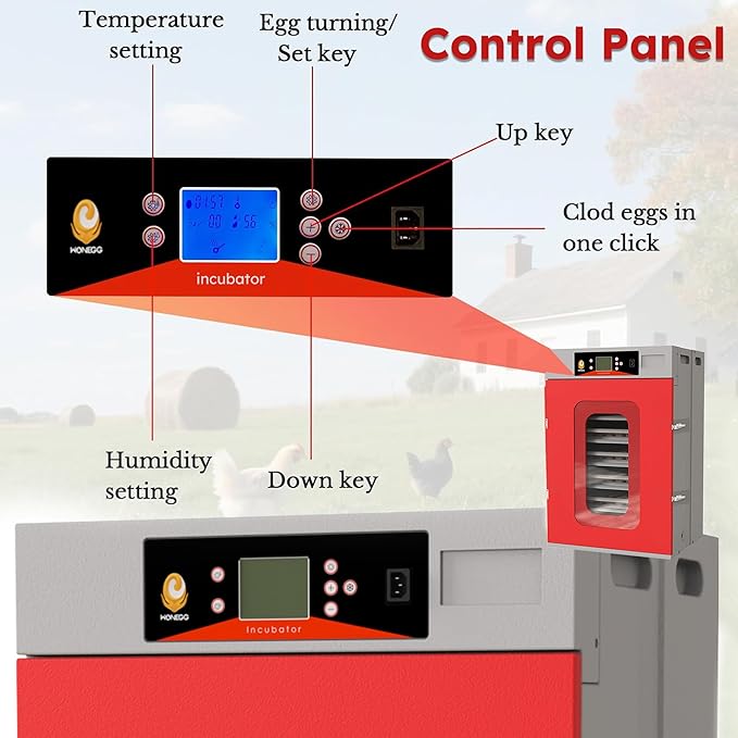Commercial Digital Egg Incubator, 400-Egg Capacity, 360° Auto-Turning System with Digital Control, Red and Gray Cabinet, Temperature and Humidity Monitoring