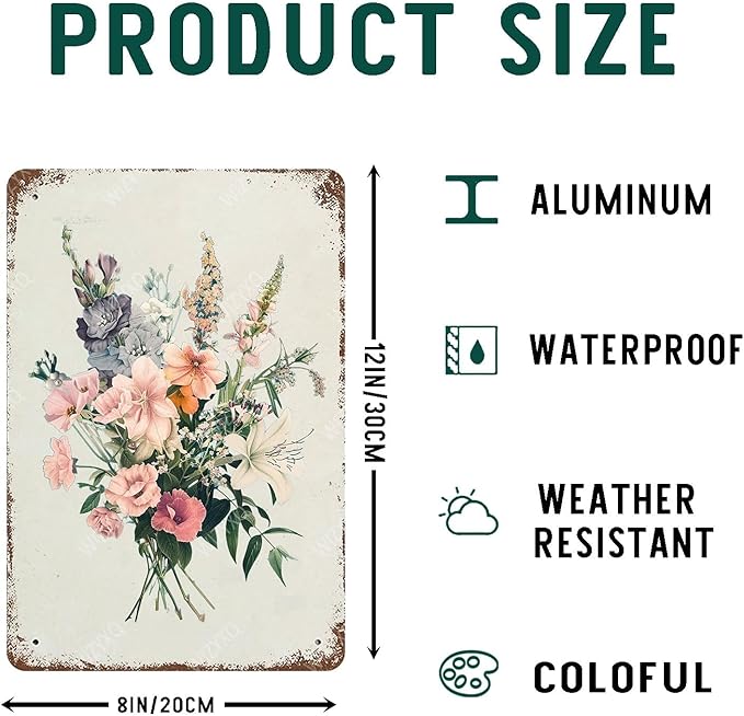 Flowers Metal Signs Magritte Sign Aluminum Sign Vintage Tin Sign Retro Wall Decor for Living Room Bedroom Garden Yard Greenhouse 8×12 Inches