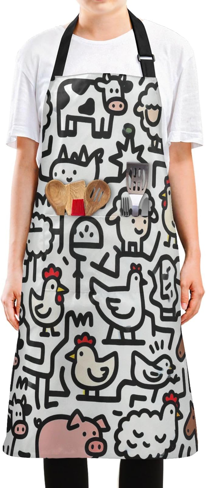 Farm Animal Print Daily Life Apron, Adjustable with 2 Pockets, Water-Splash Resistant, Stain-Resistant, Cooking Kitchen Chef Apron, Suitable for Men and Women,34.6 x 26.7 inches