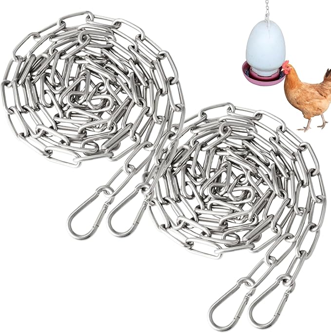 Stainless Steel Chain for Poultry Drinker Feeder 2PCS 2m Hanging Chain with 4 Hooks Heavy Duty Chain for Chicken Feeders Bird Feeder Chicken Coop Accessories Loading 80kg Chain for Hanging