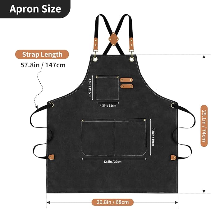 AOLEBA Aprons for Men & Women,Canvas Chef Apron with Cross Back Adjustable,For Kitchen, Garden, Cafe, Mens Aprons Gifts for Dad Father Men, M-XXL (Black)