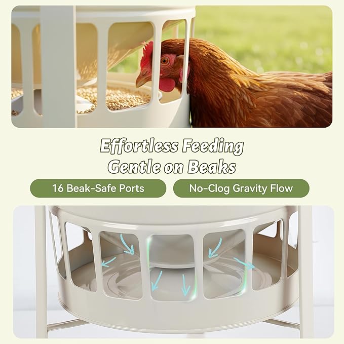 KOL Chicken Feeder No Waste for Coop & Outdoors, 16 Port 50lbs Poultry Feeder with Spill-Control Design, Rust-Proof Powder Coated Metal & Smooth Safe Edges (Jade White)
