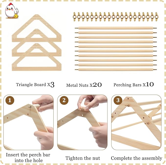Chicken Perch - Chicken Roosting Perch with Natural Solid Wood, Hand-Polished Freestanding Design for Birds, Chicks & Parrots | Chicken Perch for Coop Accessories(Large, Extra-Long Triangle)