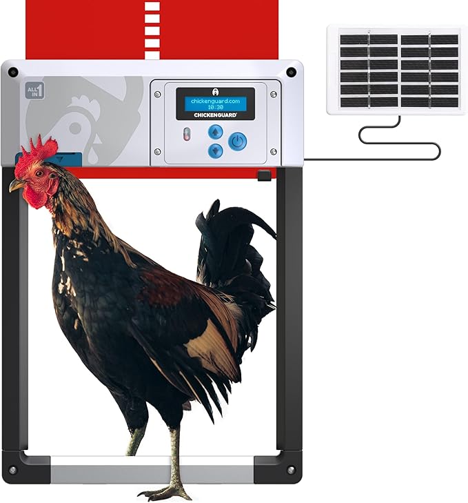 Automatic Chicken Coop Door Opener, ChickenGuard One in All 4 Colours, Timer/Light Sensing, Winter Mode, Auto-Stop & Predator Proof, 3 Power Options, Solar, Battery or Electric (Red + Solar Kit)