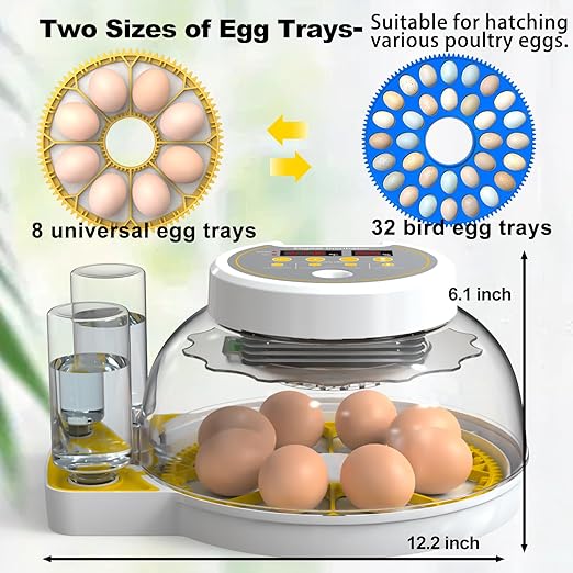 Egg Incubators for Hatching Eggs, 8/30 Chicken Egg Incubator with Automatic Egg Turning, Temperature Control & Humidity Display, Egg Candler, Home Use for Chicken, Duck, Quail - 2 Egg Trays Yellow
