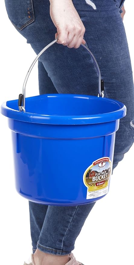 Little Giant® Flat Back Plastic Animal Feed Bucket | Animal Water and Feed Bucket with Metal Handle | 8 Quarts | Blue