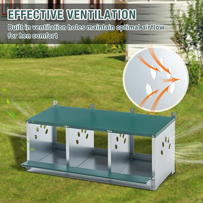 3 Compartment Metal Chicken Nesting Box, Roll Out Hen Laying Box for Easy Egg Collection, Wall Mount Poultry Nest Box for Backyard Chickens, Green, 32.09" L x 16.34" W x 15.35" H
