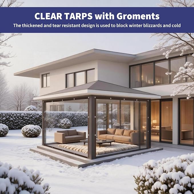 Clear Waterproof Tarp with Grommets, Heavy Duty Vinyl Tarpaulin, Tear Resistant Transparent Cover for Patio, Greenhouse, Garden, Chicken Coop (Includes Ropes & Zip Ties) (10x13FT)