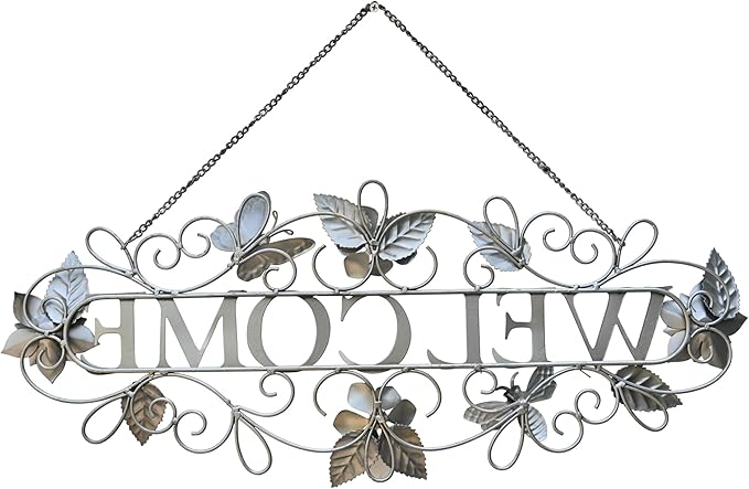 Queltharion Metal Welcome Wall Decor Rustic Farmhouse Distressed Flower and Butterfly Welcome Sign Hanging Decorative for Garden Porch Patio Yard Outdoor 23.5" L Blue
