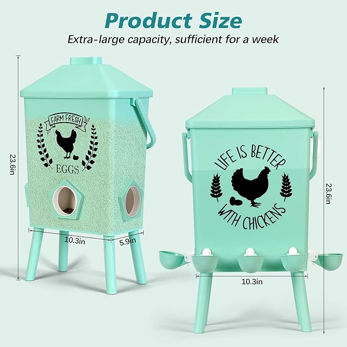 Tgeyd Automatic Chicken Feeder and Waterer Set(4.2Gal/21Lb) with Stand Legs, Anti-Perching Roof, Gravity-Fed System for Poultry,Chicken Coop Accessories