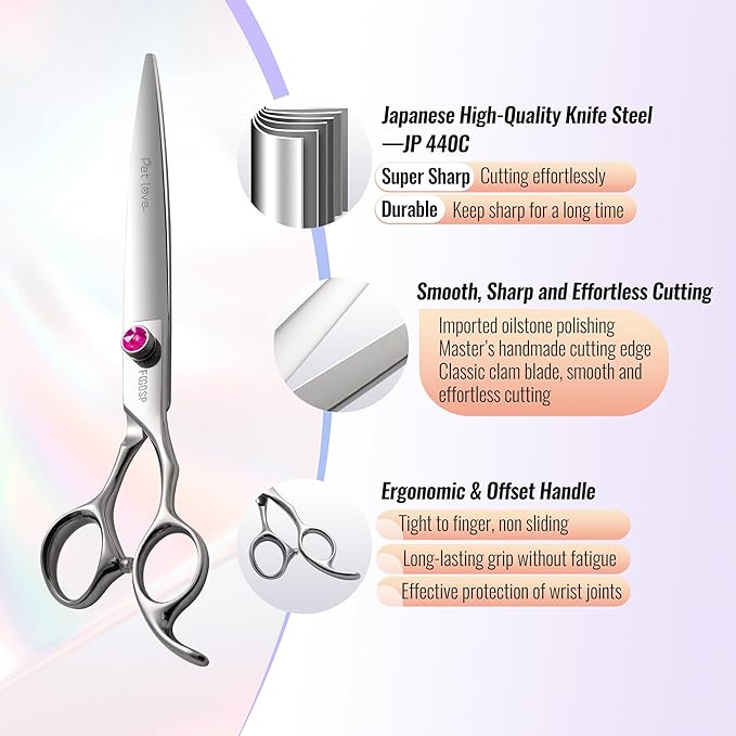Straight Dog Grooming Scissors 8.0'' Long Large Pet Shears for Grooming Poodle Large Dogs Pet Japanese 440C Stainless Steel Dog Scissors Super Sharp(8.0'',Straight)