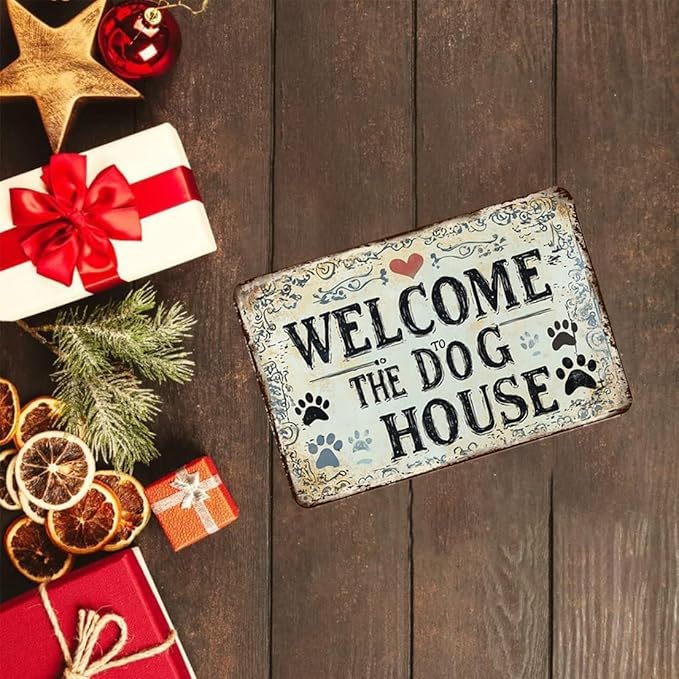 Warning Vintage Dogs House Tin Sign,Retro Beware of Dog Metal Sign,Decorative Plaque,Wall Art Poster for Outdoor Home Fence Kitchen Bedroom Farm,Gifts 8×12 Inches (Welcome The Dog House)