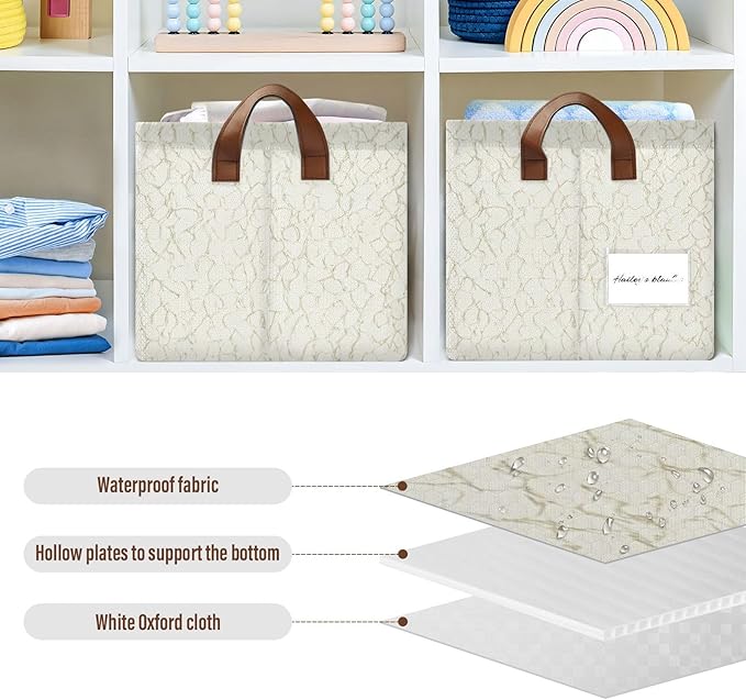 Parchment Grain Pattern Foldable Storage Basket with Handle, Storage Bins with Metal Frame, Fabric Shelf Baskets, Closet Organizers for Clothes, Books, 16.9 x 11.4 x 10 Inch,2-Pack