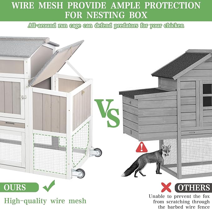 Chicken Coop Mobile Wooden Hen House with Nesting Box,166.4" L Outdoor Chicken House with 4 Wheels and Removable Tray,Fir Wood Chicken Tractor with 12 Ventilation Doors and 2 Ramps,Grey