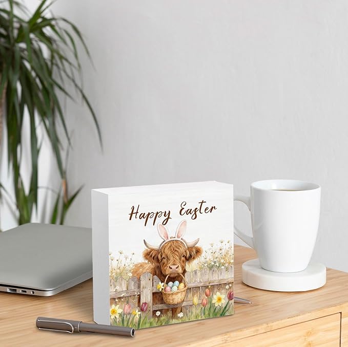 Happy Easter Highland Cow Wooden Box Sign Desk Decor, Spring Wildflower Easter Egg Farm Highland Cow Wood Signs for Home Office Desk Table Shelf Decorations, 5x5 Inch