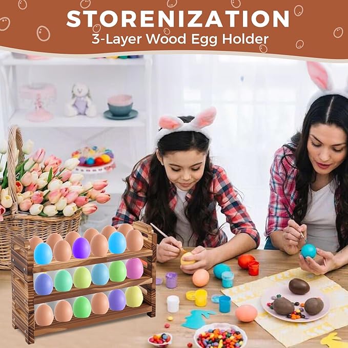 Wooden Egg Holder Countertop, 3 Layer Stackable Fresh Egg Display Storage Rack Organizer Farmhouse Egg Storage Basket with Handles Fits Duck, Turkey, Chicken Eggs