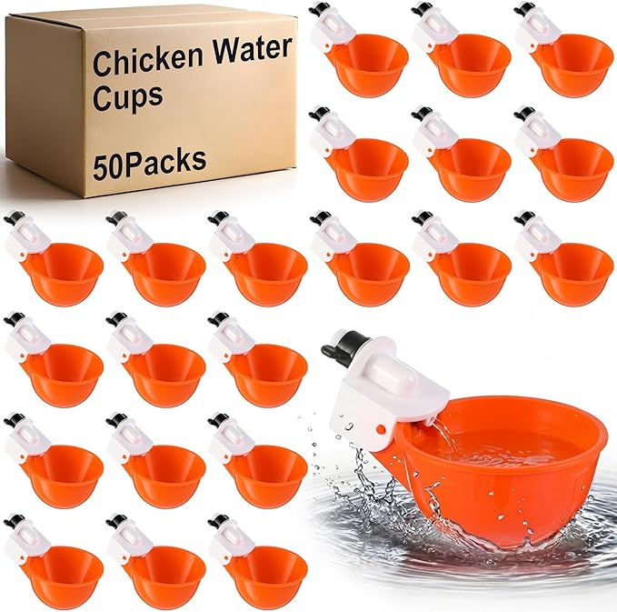 Tanlade 50 Packs Chicken Waterer Cups Large Chicken Feeder, Automatic Waterer Cups Kit for Poultry Chicks Duck Goose Turkey Bunny(Orange)