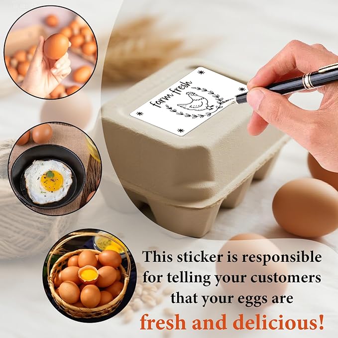 60Pcs 2" x 4" Farm Fresh Egg Carton Sticker Rectangle White Self Adhesive Fresh Egg Labels Cartoon Packaging Stickers Tags for Box Containers Business Farmhouse Market Supplies