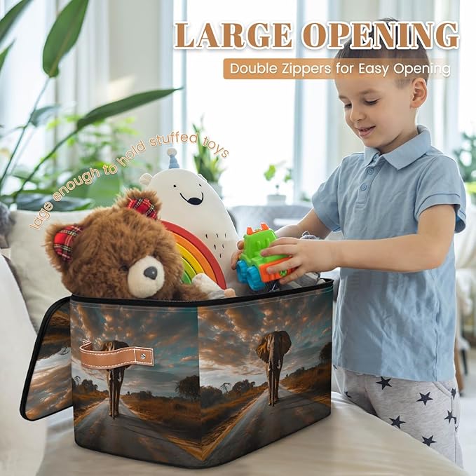 Elephants Storage Bins With Lids Fabric Collapsible Storage Box with Leather Handles for Home Bedroom Foldable Closet Shelf Organizer