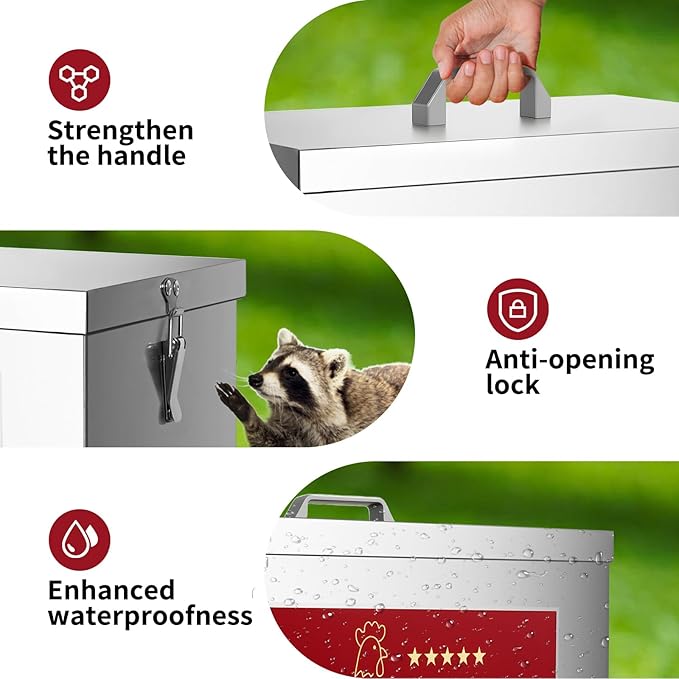 RYFT Chicken Feeder Box 30 Lbs-6 Feeding Port, Galvanized Metal No - Waste Poultry Feeder with Adjustable Legs & Locking Lid