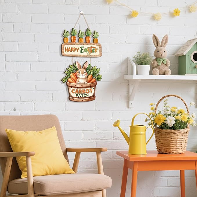 CHDITB Easter Bunny Wooden Door Hanger, Happy Easter Carrot Patch Wood Sign, Rustic Farmhouse Spring Wall Decor, Cute Rabbit Hanging Decoration, Holiday Front Porch Signs for Home Easter Party