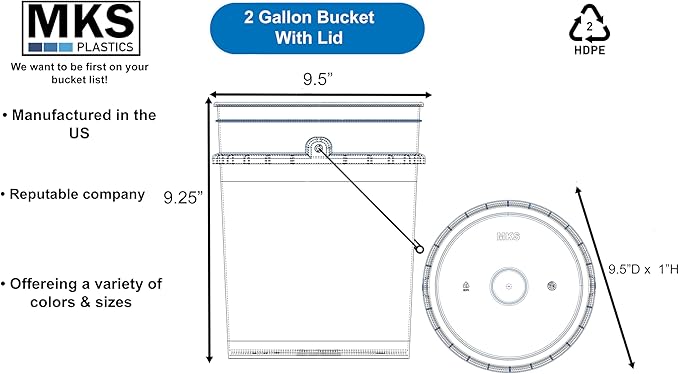 2-Gallon Bucket with Airtight Lid – Made in USA, Food Grade BPA Free Plastic, Heavy Duty Multi-Use, Metal Handle with Grip, Stackable Storage – White, 4 Pack