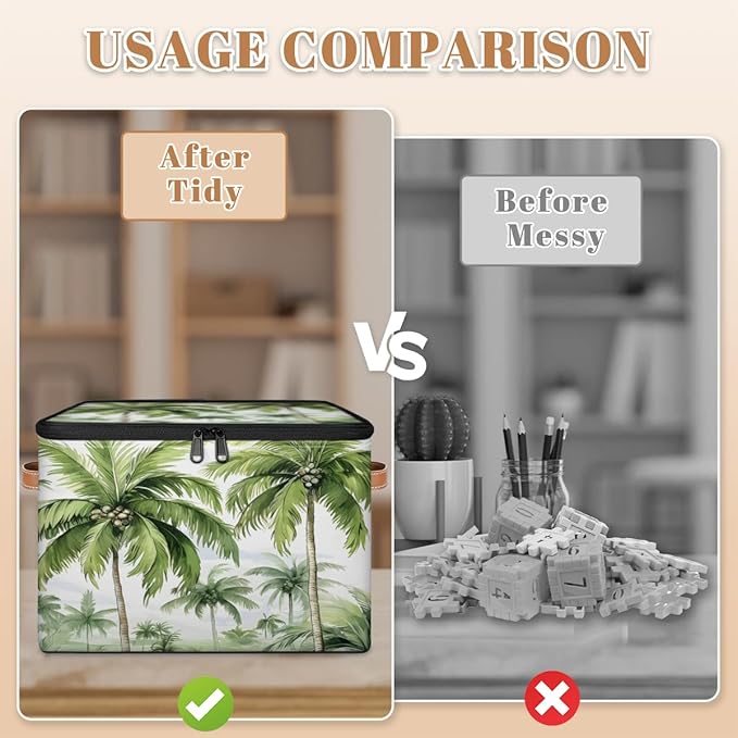 Palm Tree Storage Bins with Lids, Tropical Trees Fabric Storage Boxes with Zipper, Collapsible Decorative Closet Organizer Cube for Clothes, Organizing, Shelves
