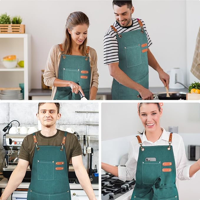 Chef Apron for Men Women Canvas Aprons with 3 Pockets Cross Back Resistant Work Apron for Cooking