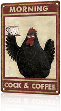 Funny Chicken Metal Signs Coffee Decor Morning Cock And Coffee Tin Signs Vintage Kitchen Metal Decor Rustic Wall Art For Home Farmhouse Coop Farm Poultry House Cafe Bar Office 12 * 8 In
