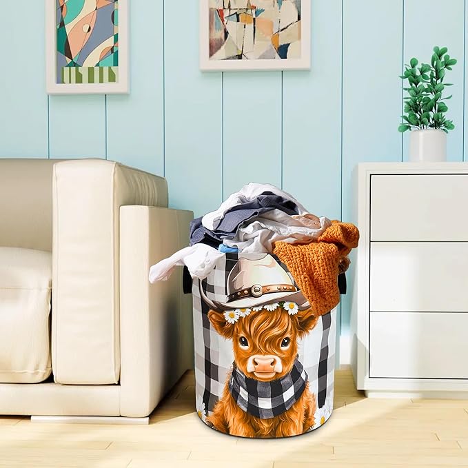 Cute Highland Cow Laundry Basket Oxford Cloth Calf Laundry Hamper With Handle Foldable Portable Clothes Storage Basket 18.9 X 16.5 In Storage Bag For Laundry Room/Bathroom/Bedroom/Dormitories