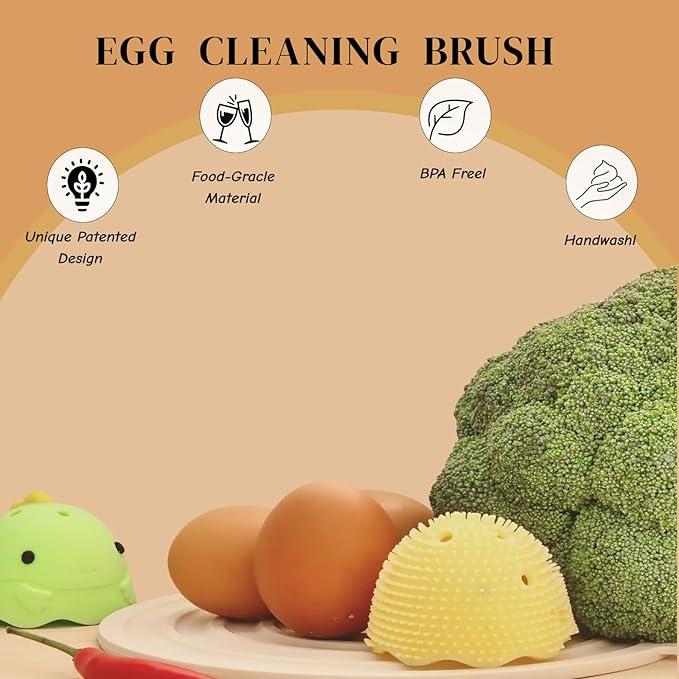 2Pcs Silicone Egg Washer for Fresh Eggs,Cute Dinosaur Egg Scrubber for Fresh Eggs,Farm Fresh Egg and vegertable Scrubber,Dishwasher Safe,Gentle on Shells(Green and Yellow)